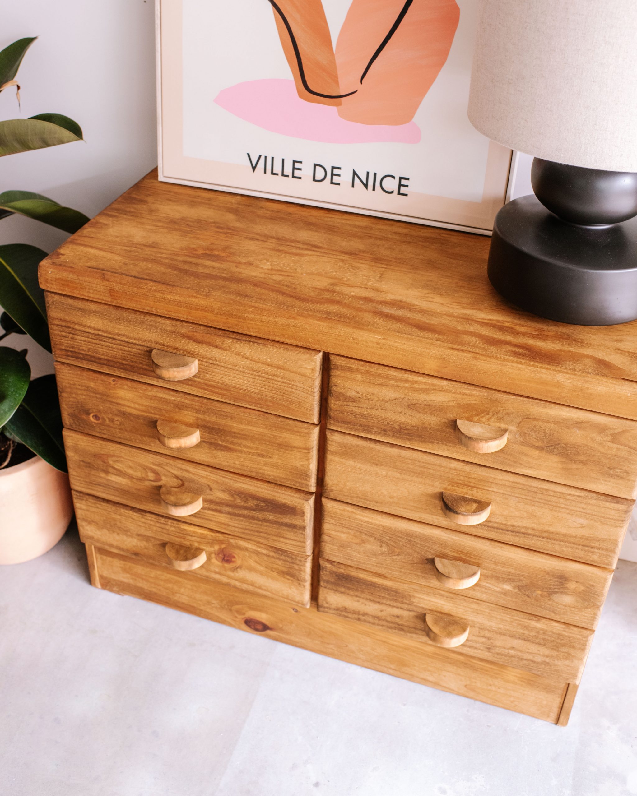 Solid pine art deco inspired upcycled chest of drawers with